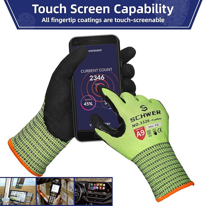 Schwer ProGuard Highest Level Cut Resistant Work Gloves PR3326 for Extreme Protection, ANSI A9 Working Gloves with Sandy Nitrile Coated, Touch-screen, Durable, Washable, Yellow 1 Pair L