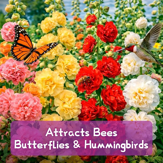 3000+ Double Hollyhock Flower Seeds - Large Bulk Pack, Mixed-Color Tall Hollyhock Seeds, Perfect for Fence Lines & Wall Backdrops, Cottage Garden Style, Beginner-Friendly