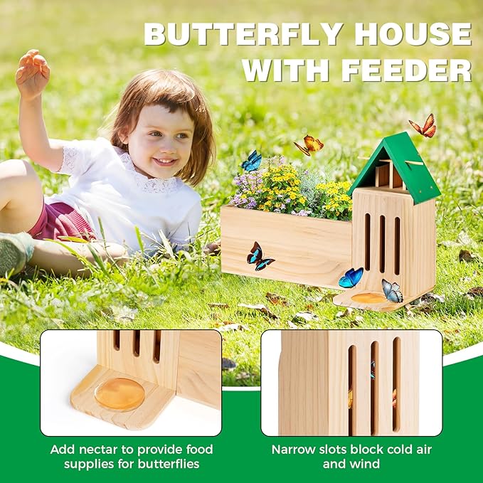 Wooden Butterfly House for Garden, Butterfly House and Feeder with Flower Pot, Natural Butterflies Habitat Butterfly Shelter Hotel for Butterflies, Bees, Ladybug