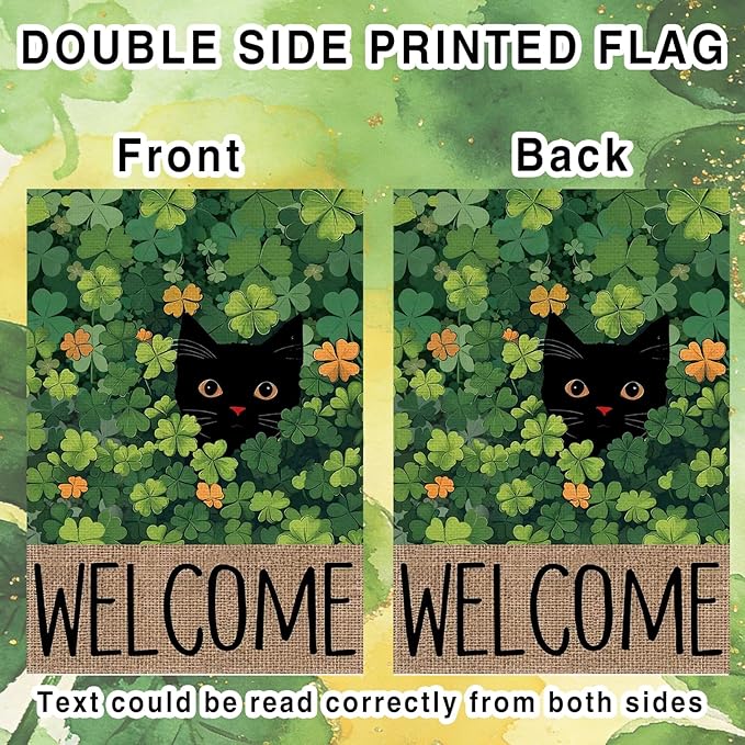 St Patricks cat Garden Flag 12x18 Inch Double Sided Outside Black Cat Welcome Spring Holiday Shamrocks Holiday Yard Outdoor Flag Home Decor