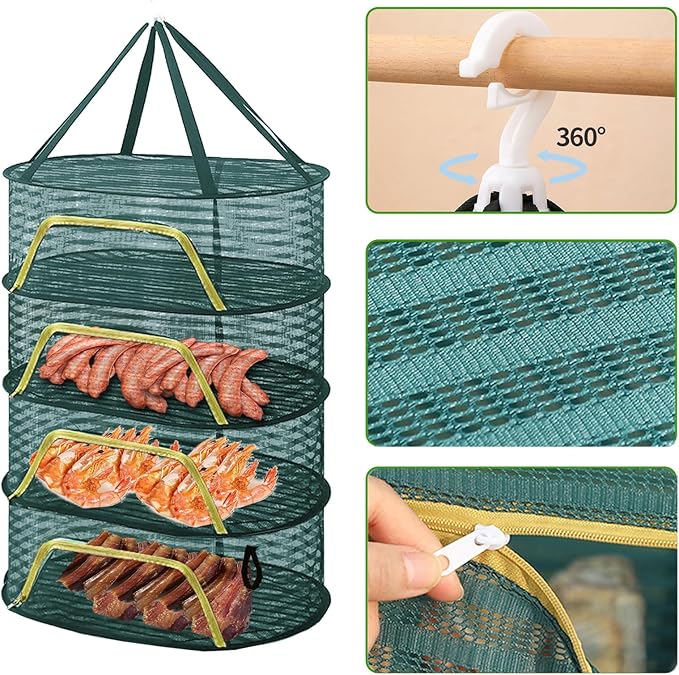 Herb Drying Rack 4 Layer Hanging Design with Green Zippers for Dehydrating, Indoor and Outdoor Pruning Shears Included Plants, Seeds, Buds Outdoor, Hydroponics (Green net Bag)