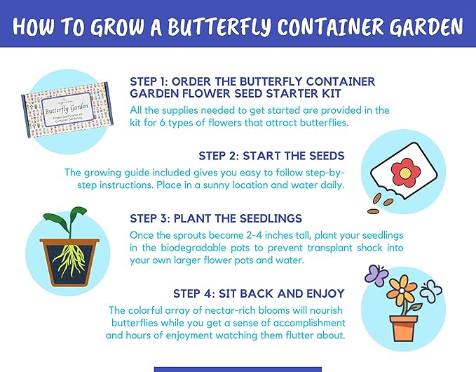 Butterfly Garden Flower Seed Starter Kit- Grow 6 Types of Wildflower Seeds Sized for Flower Pots- Nasturtium, Zinnia, Cosmos, Dwarf Sunflower, Baby Snapdragon and Candytuft