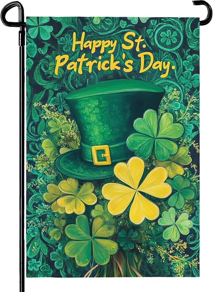 Happy St. Patrick's Day Shamrock Garden Flag Double Sided 12 x 18 Inch Green Hat with Clovers Decorative Garden Yard Flags for Home Decor