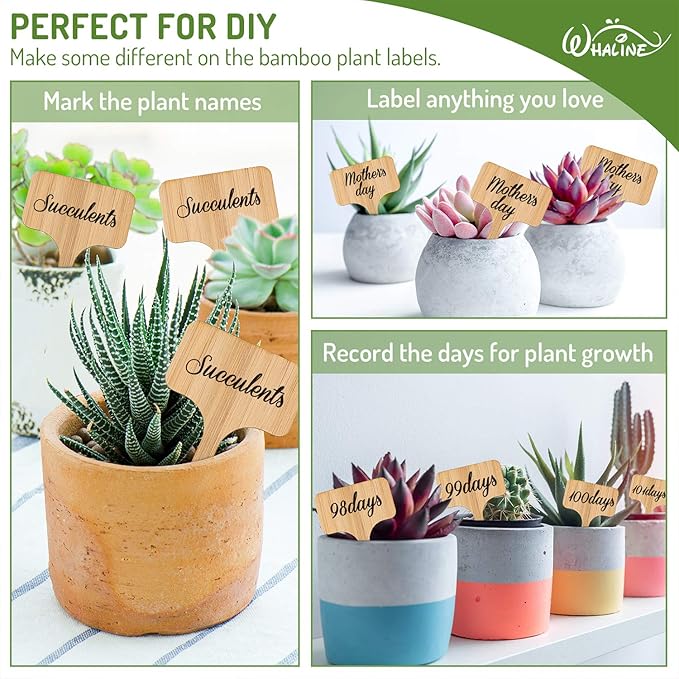 Whaline 30Pcs Bamboo Plant Labels with A Marker Pen, T-Type Wooden Plant Marker Garden Sign Tags Garden Markers for Seed Potted Herbs Flowers Vegetables (6 x 10 cm)