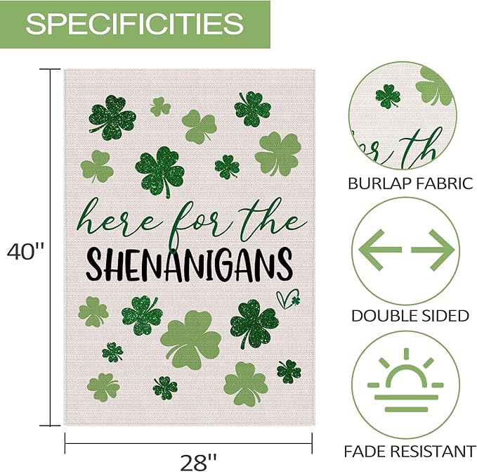 St Patricks Day Flag 28x40 Inch Double Sided Outside, Here For The Shenanigans Shamrocks Clovers Burlap Flag Decorations Outdoor Yard Decor