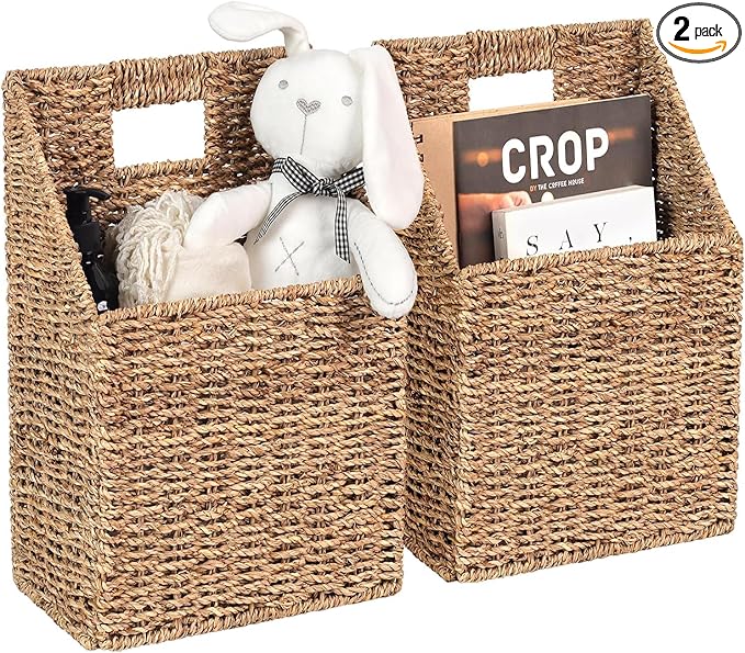 Wicker Hanging Storage Basket (10,5"Lx6,5"Wx13"H), Set of 2 Wall Baskets, Water Hyacinth Baskets, Wall Decor Hyacinth Basket Hanging for Organizing Files, Mails, Books (Seagrass)