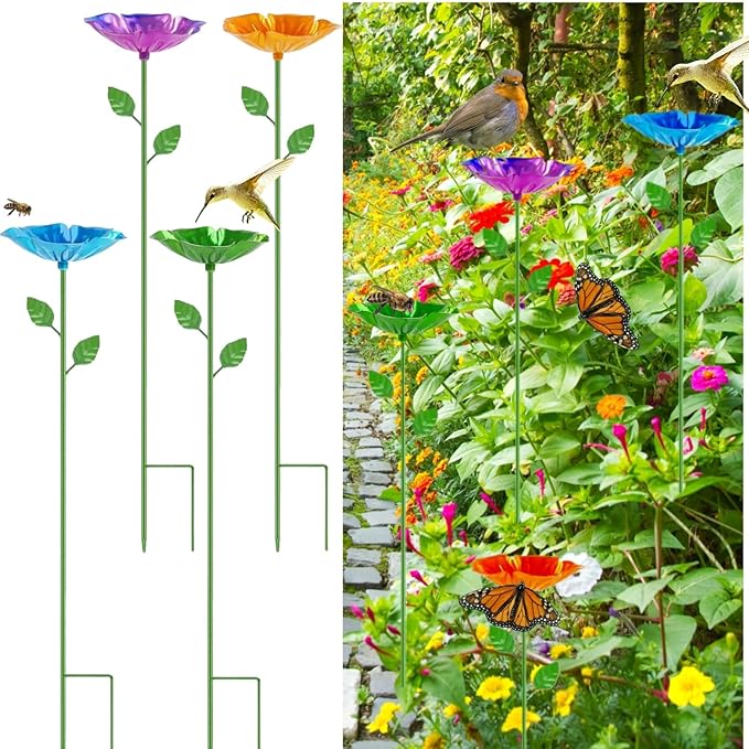 4 Pack Bee Watering Station Outdoor, Metal Flower Stake Feeder for Bees, Butterflies and Hummingbirds, Colorful Garden Yard Decor for Pollinators