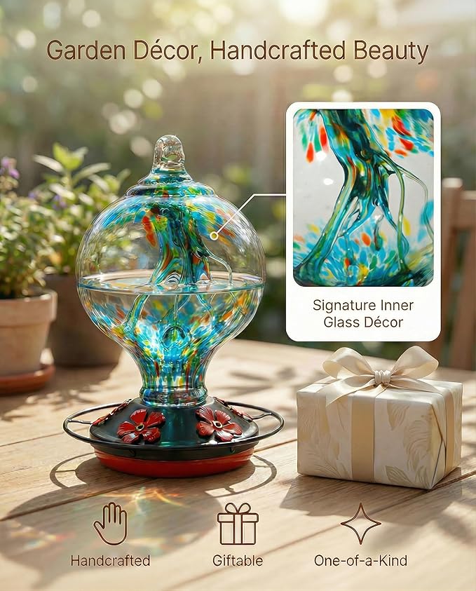 Hummingbird Feeder for Outdoors Hanging, 34 Oz, Hand Blown Inner Glass Uniqe Gift for Garden Lover Women, Ant Moat & Bee-Resistant Ports, Hook & Brush Included, Rainforest Blue