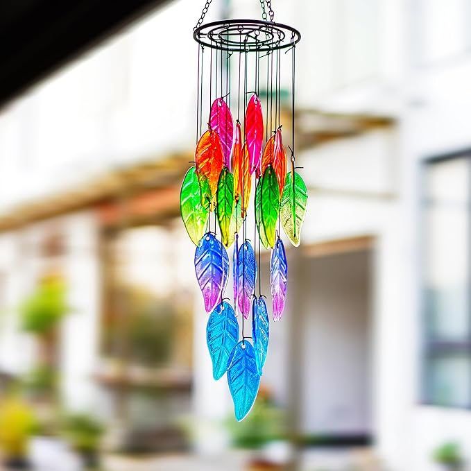18'' Stained Glass Leaves Wind Chimes for Outside Unique Rainbow Leaves Forest Windchimes Outdoor Decoration Garden Decor
