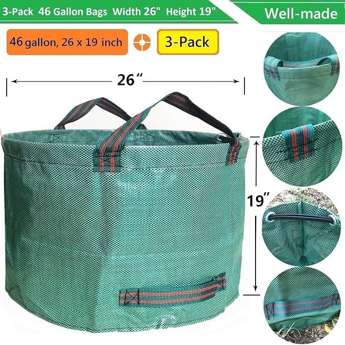 Standard 3-Pack 46 Gallon Lawn Garden Bags (D26,H19 inch) Yard Waste Bags W/Gardening Gloves for Leaf Bag,Yard Debris,Garden Trash Container,Camping Waste Bin,Lawn Grass Clippings,Weeds Bag 4 Handles