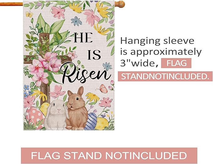 Easter Bunny Flag 28x40 Inch Double Sided Outside, He Is Risen Easter Flag Lamb Flowers Cross Decorations Outdoor Yard Burlap