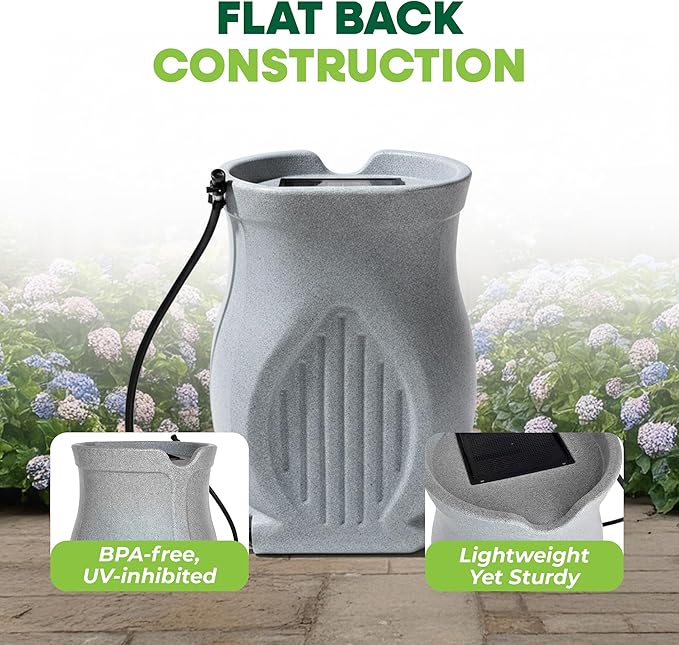 FCMP Outdoor Catalina 45-Gallon Rain Barrel – BPA-Free Flat-Back Design with 3.5 Foot Garden Hose, Shut-Off Thumb Valve, and Fixed Lid (RB-CAT-LTGRNT) Light Granite