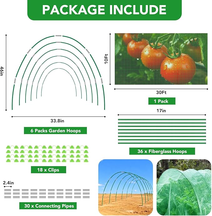 Garden Mesh Netting Kit for Raised Beds, 10x30FT Green Garden Netting ＆6 Sets Fiberglass Garden Hoops, Row Cover Garden Netting Pest Barrier Plant Protection for Vegetable Flowers Fruits