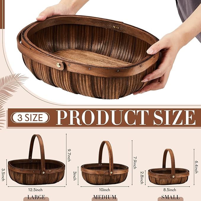 Sintuff 6 Pcs Wicker Baskets with Handles 3 Sizes Woven Garden Harvest Basket for Gathering Vegetables Wooden Bushel Apple Basket for Fruits Fall Thanskgiving Picnic Gift Farmers Market(Coffee)