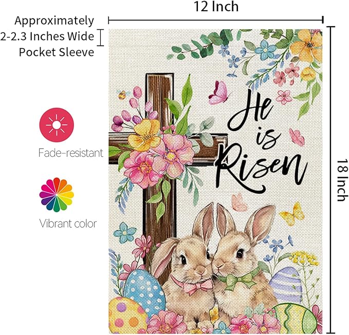 CROWNED BEAUTY Easter Garden Flag He is Risen Cross Bunnies 12x18 Inch Double Sided Floral Holiday Decoration for Outdoor Lawn Yard