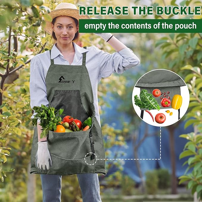 Garden Apron, Gardening Apron with Pockets for Women Men, Canvas Cross Back Harvest Aprons with & Internal Drawstring Bag