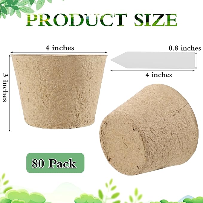80 Pieces Peat Pots Seed Starters 4 Inch Peat Pots Round Biodegradable Seed Starting Pot with 80 Plant Labels, Planter Nursery Pot with Drainage Holes for Vegetable Seeds