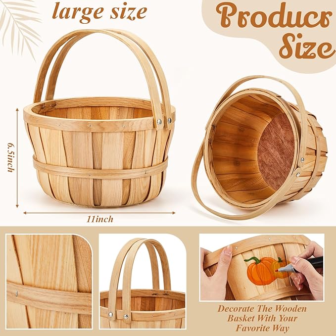 Marsui 6 Pcs Large Wooden Easter Gift Basket 11 x 6.5'' Wicker Apple Fruit Bushel Baskets with Handle for Garden Storage Organizing Farmers Personal or Commercial Use