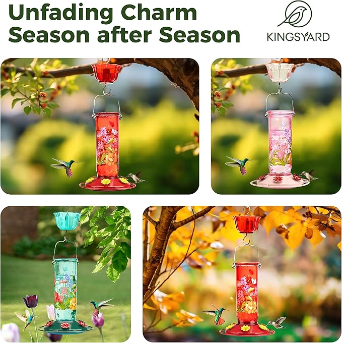 Kingsyard Hummingbird Feeder for Outdoor Hanging - Charming Patterned Glass Humming Bird Feeder with 6 Feeding Ports and Ant Moat, Ideal Gift Choice for Bird Lovers, Red