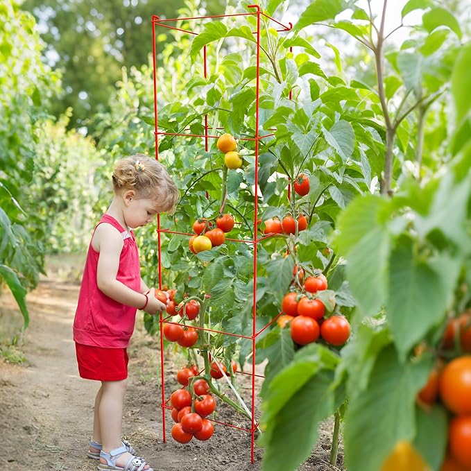 Tomato Cages 6 Packs 57 Inches (H) Plant Stand with 164 Feet Twist Ties, Heavy Duty Garden Plants Support for Tomatoes, Cucumber, and Other Climbing Plants (Red)