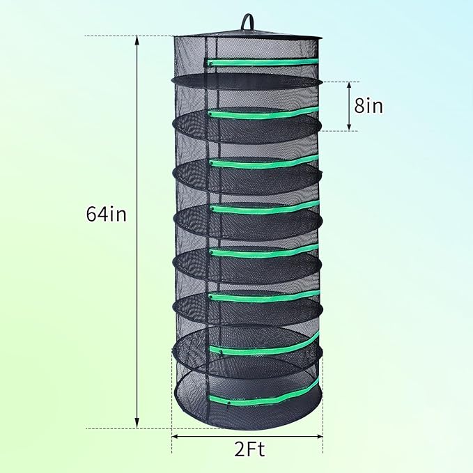 Growsun Herb Drying Rack 8 Layer 2ft Diameter Plant Hanging Mesh Dry Net w/Green Zipper, Free Garden Pruning Shears
