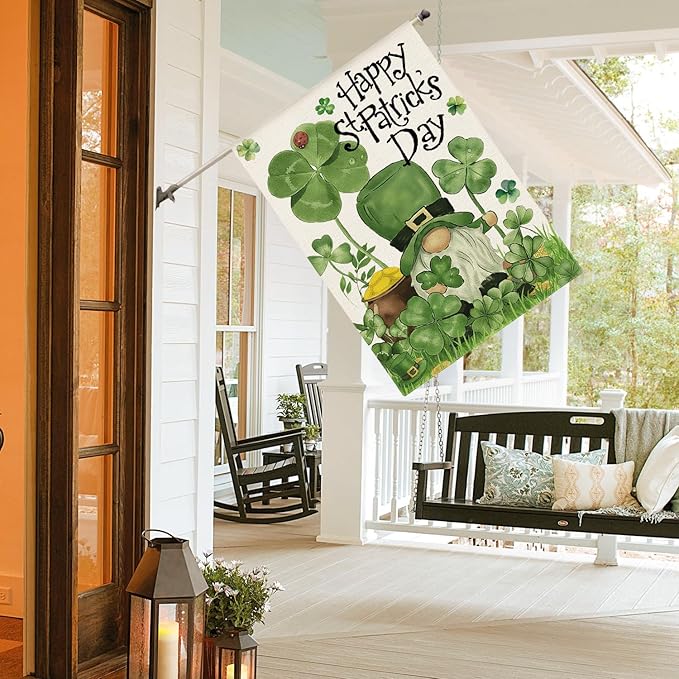 AVOIN colorlife Happy St Patricks Day House Flag 28x40 Inch Double Sided Outside, Leprechaun Gnome Lucky Clover Holiday Yard Outdoor Flag