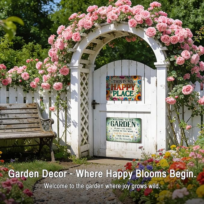 Garden Decor Welcome Sign for Patio She Shed Decor - Outdoor Wall Decor Art Garden Signs, This Is My Happy Place Welcome Door Sign 12x8 Inch