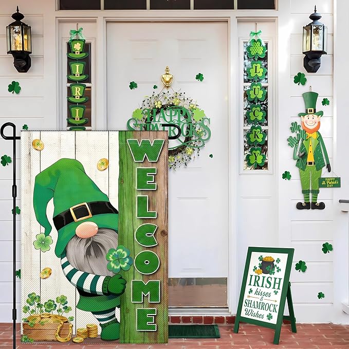 St. Patrick's Day Garden Flags for Outside 12x18 Inch Double Sided, 3 Ply Fabric Small Happy Lucky Clover Gold Coin Pot Gnome St Patricks Day Garden Flags for Outdoor Holiday Lawn Indoor Yard Welcome Sign Decoration