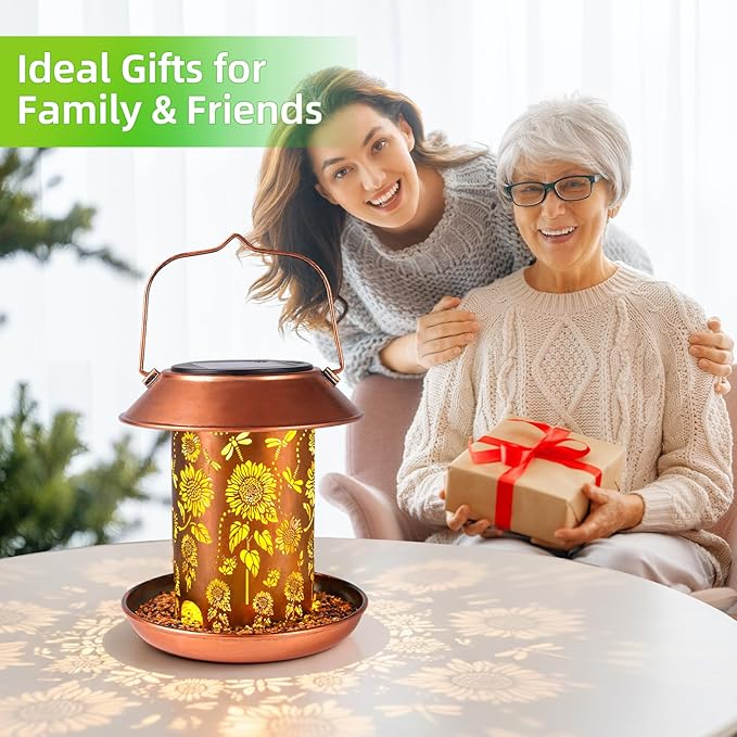 Solar Bird Feeders Outdoors Hanging Solar Lanterns Outdoor Waterproof Metal Wild Bird Feeder Decor Garden Gifts for Women Mom Bird Lovers,Decoration for Yard,Patio,Lawn