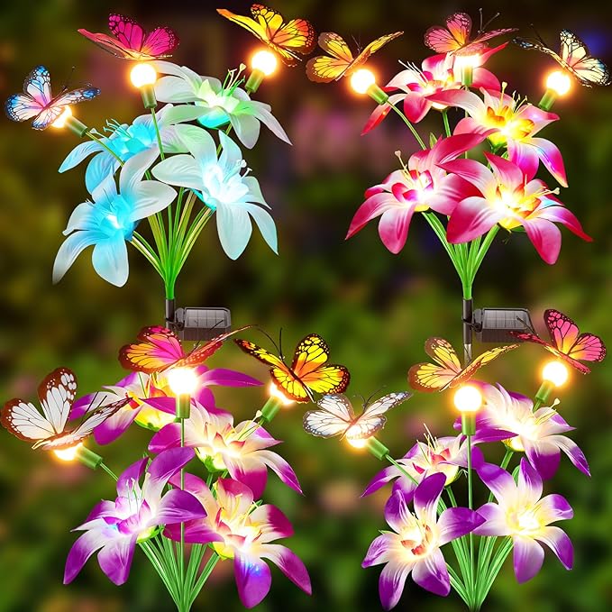 Garpar Solar Lights Outdoor Decorative, Upgraded 4 Pack Flowers with 16 Color Changing Lilies and 12 Butterflies, Brighter Waterproof Garden Decor for Yard Lawn Pathway, Mom Women Grandma Gift