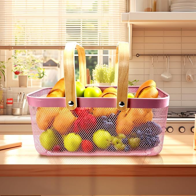 Cheardia 2 Pack Picnic Baskets, Metal Mesh Harvest Basket with Foldable Wooden Handle, Rectangle Garden Storage Basket Bin for Vegetable Fruit Garden Kitchen Cabinet Picking Gathering, Pink