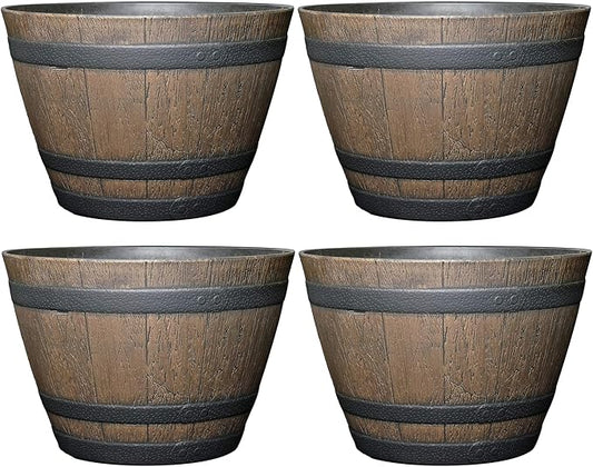 Classic Home and Garden Outdoor Round Whiskey Resin Flower Pot Barrel Planter, Kentucky Walnut Brown, 9" (Pack of 4)