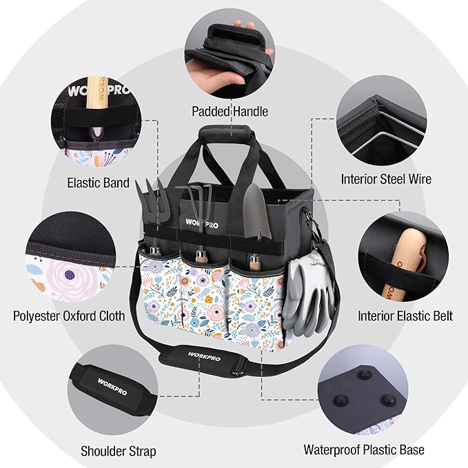 WORKPRO Garden Tool Bag, Heavy-Duty Gardening Tote Bag with 10 Pockets, Stand-Up Wide Mouth Tool Organizer, Adjustable Shoulder Strap, Large Capacity Storage – Floral White (Tools Not Included)