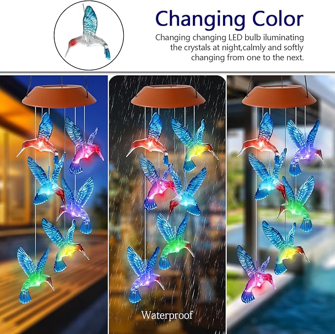 Hummingbird Wind Chimes Outdoor Color Changing Solar Mobile Light Outdoor Decoration Gifts for Grandma Birthday Gifts for Women Garden Memorial Wind Chimes (Blue)