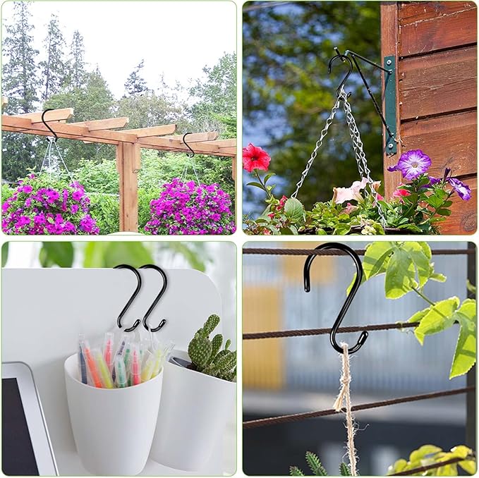 12 Pack 6 Inch Heavy Duty Large S Hook Vinyl Coated S Hooks for Hanging Plants,7mm Thickness Non Slip Sturdy Metal Black Jean Hooks for Closet,Bird Feeders,Kitchen,Large Object,Tools,Bikes
