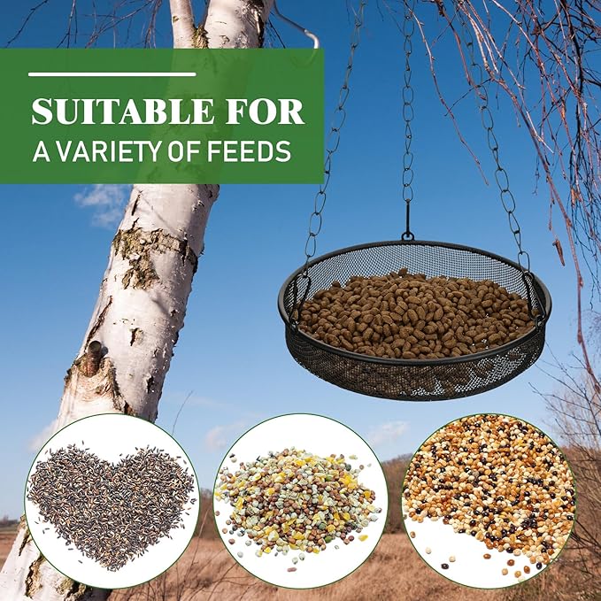 4 Pieces Hanging Bird Feeder Tray Platform Metal Mesh Feeder Seed Platform for Bird Feeding Outside Outdoors Wild House Hanging for Attracting Birds, Black(Round)