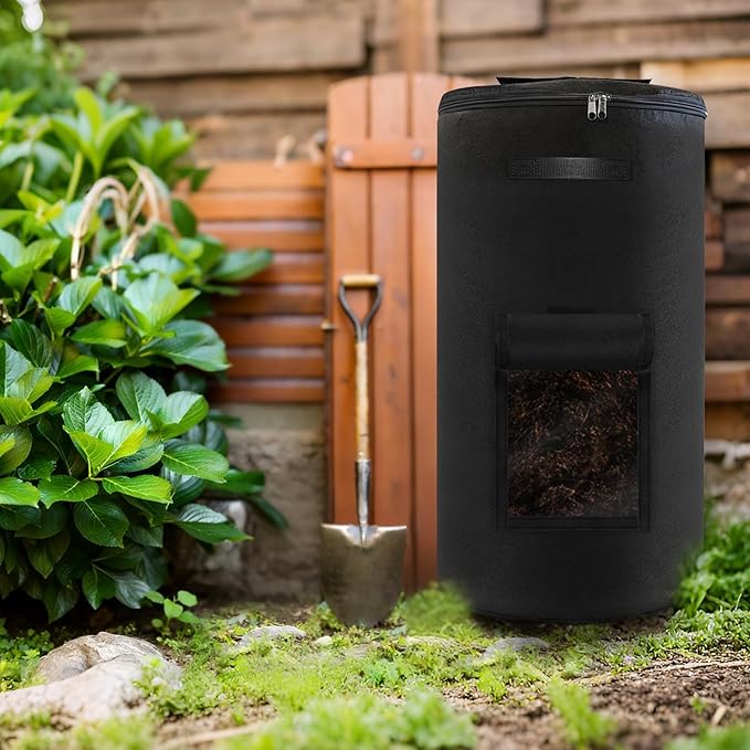 Reusable Compost Bin Outdoor, 34 Gallon Home Compost Bucket with Handles and Observation Windows, Breathable Thickened Foldable Compost Bin for Garden Yard (1 Pack, Black)