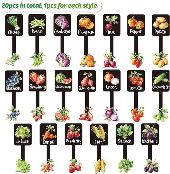 Whaline 20Pcs Watercolor Vegetable Fruit Plant Label Signs 20 Styles Garden Markers Waterproof Black Acrylic Plant Stake Tags with Names for Nursery Indoor Outdoor Garden Decor