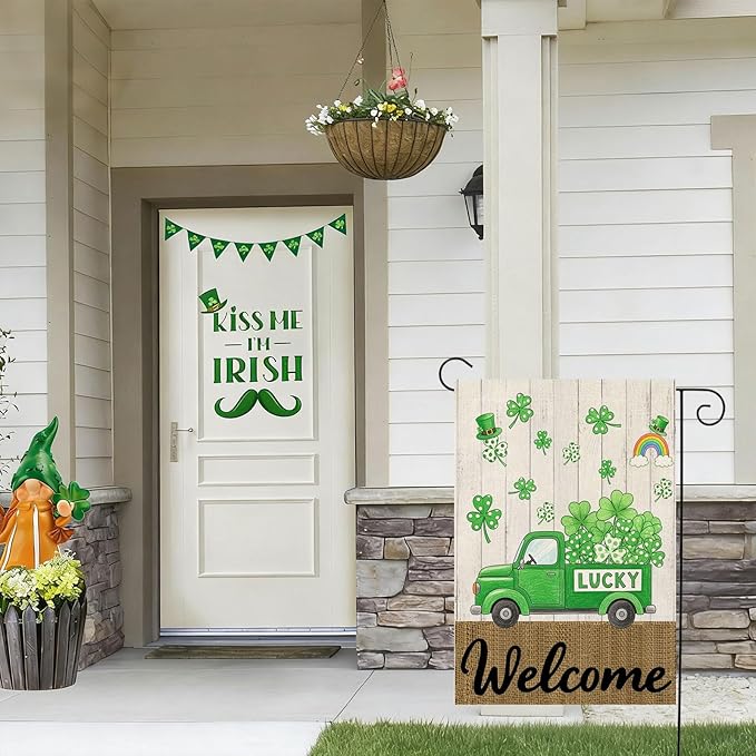 St Patricks Day Garden Flag 12x18 Inch Double Sided Outside Shamrocks Clovers Lucky Truck Welcome Yard Holiday Outdoor Decorations