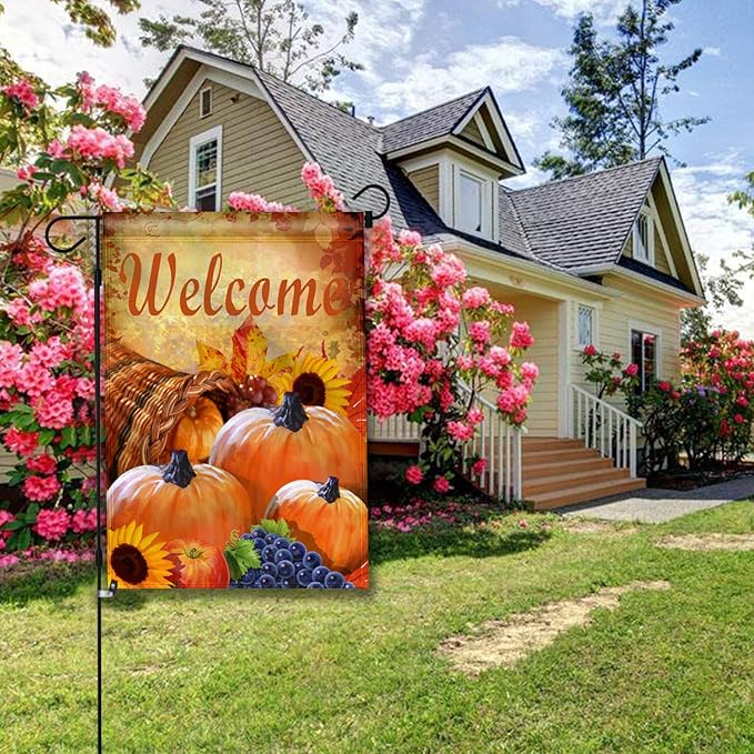 Anley Garden Flag Pumpkin in Cornucopia - Decorative Autumn Welcome Garden Flags - Double Sided & Weather Resistant & Double Stitched - 18 X 12.5 Inches