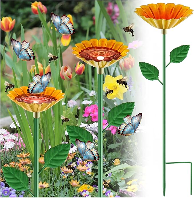 Tandefio 1 Pcs Bee Bath Watering Station, 25 x 2.6 Inch, Metal Flower Bee Feeder for Garden, Colorful Butterfly Feeder & Outdoor Pollinator Station for Birds, Bees & Butterflies(Yellow)