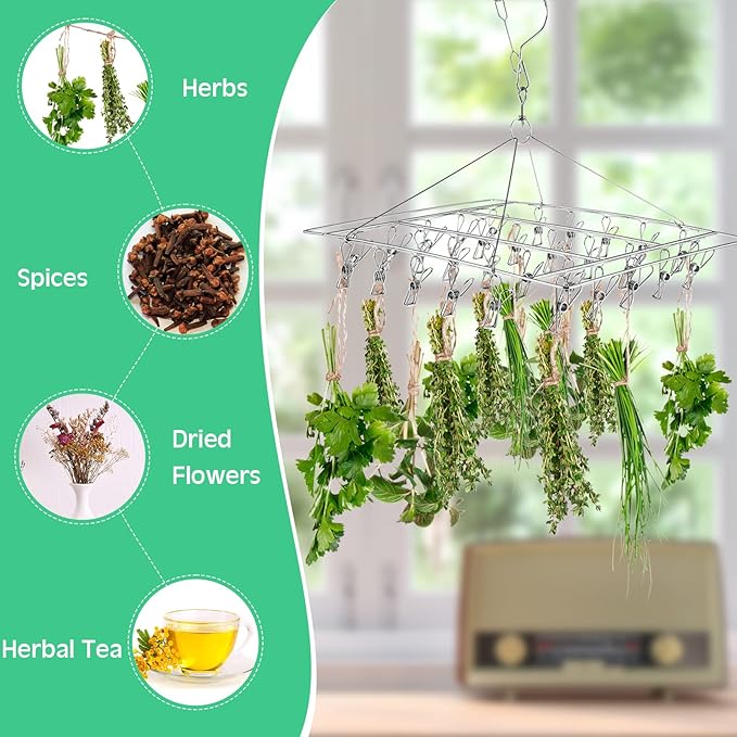 Bokon 4 Pcs Hanging Drying Rack for Herb Macrame Flower with Stainless Clip Dryer Hook for Drying Herb Air Plants Spices Flower Hydroponic Plant Ready to Use with Ceiling Hook(Square)