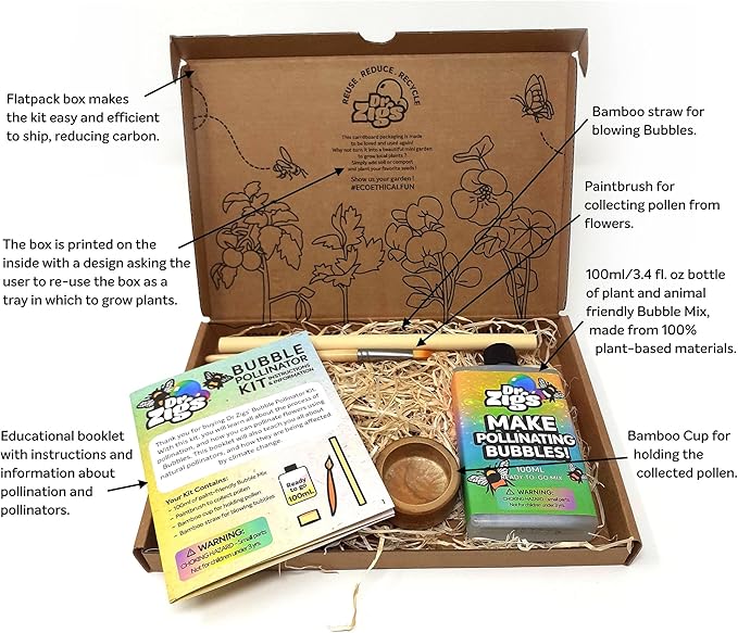 Dr Zigs Bubble Pollinator Kit -Pollinate Flowers w/Bubbles, Plant & Bee Friendly Natural Solution, Bamboo Components, Educational Booklet, Kid Age3+