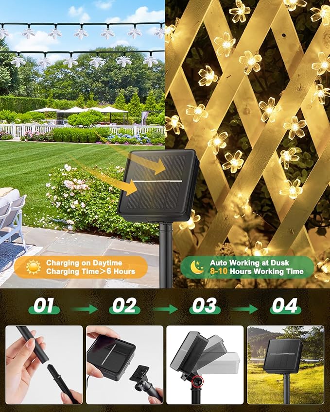 Brightown 2 Pack Total 52FT 120 LED Solar String Lights Flower Outdoor Waterproof Fairy Lights for Garden Yard Fence Patio Christmas Tree Wedding Party Decor, Warm White