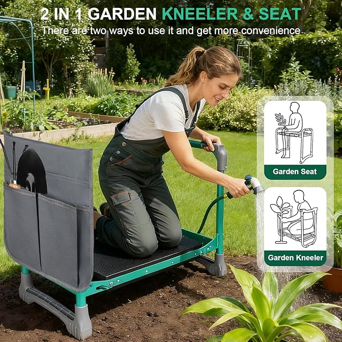 Garden Kneeler and Seat, 2-in-1 Foldable Garden Bench with Non-Slip EVA Foam Pad, Storage Bags, Glove, Portable Gardening Stool for Kneeling & Sitting, Ideal for Gardeners, Patio, Fishing