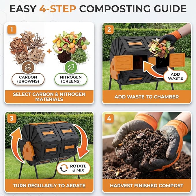 Dual Chamber Compost Tumbler, 45 Gallon Large Capacity 360° Rotating Composting Bin, BPA-Free Heavy Duty Composter with Easy Assembly, 38" Height Compost Bin Outdoor for Food Scraps Garden Yard Waste