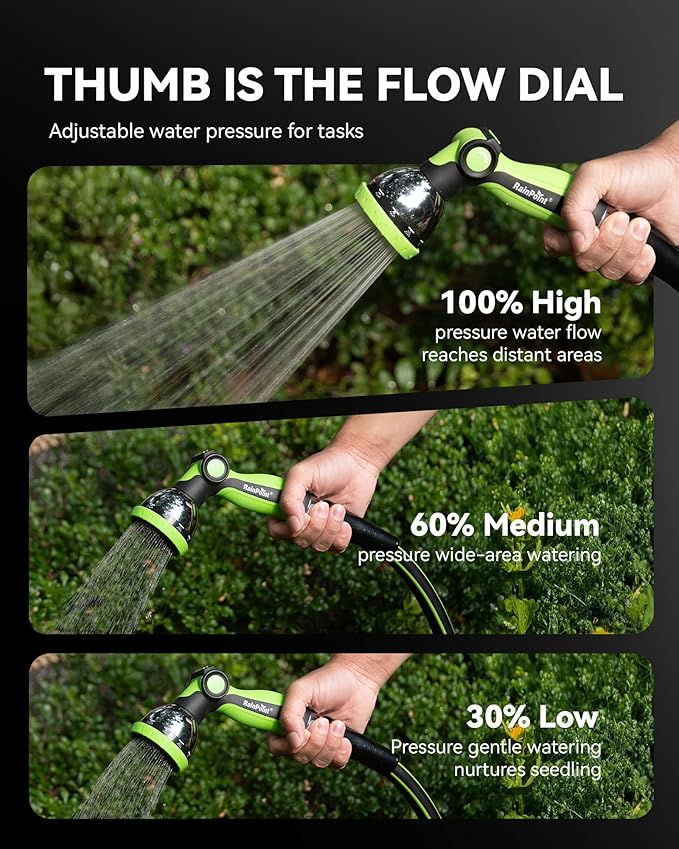 RAINPOINT Spray Nozzles for Garden Hose - 10 Spray Patterns Garden Hose Nozzle with Adjustable Flow Control for Watering Plants, Washing Cars,Washing Pets, Thumb Control (Green)