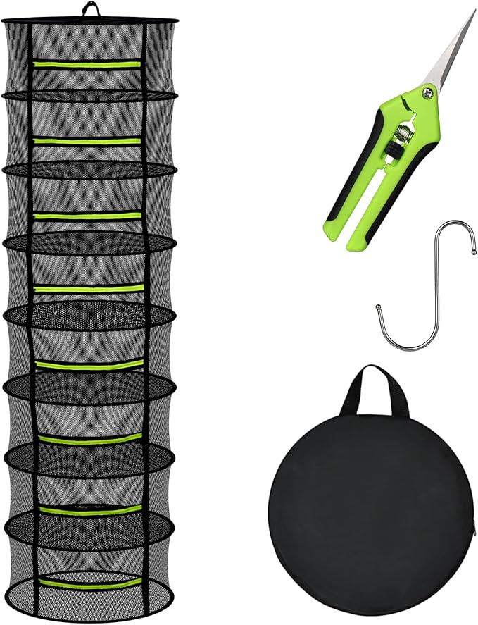 Herb Drying Rack Hanging-8 Layer, Collapsible Large Capacity Mesh Net with Green Zipper, Hooks & Bonus Garden Scissors, for Fresh Herbs/Flowers/Plants, Indoor Outdoor Use (23.62")