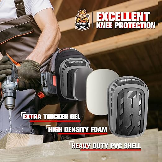 REXBETI Knee Pads for Work, Construction Knee Pads for Men, Heavy Duty Comfortable Anti-slip Foam Gel for Gardening Flooring and Cleaning, Strong Stretchable Straps, Gray