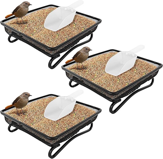 3 Pcs Platform Bird Feeder with Scoop, 6.7 x 6.7 x 2.2 in Ground Bird Feeder Tray Metal Square Squirrel Feeders Rust Resistant Mesh Seed Tray for Outside Wild Birds Dove